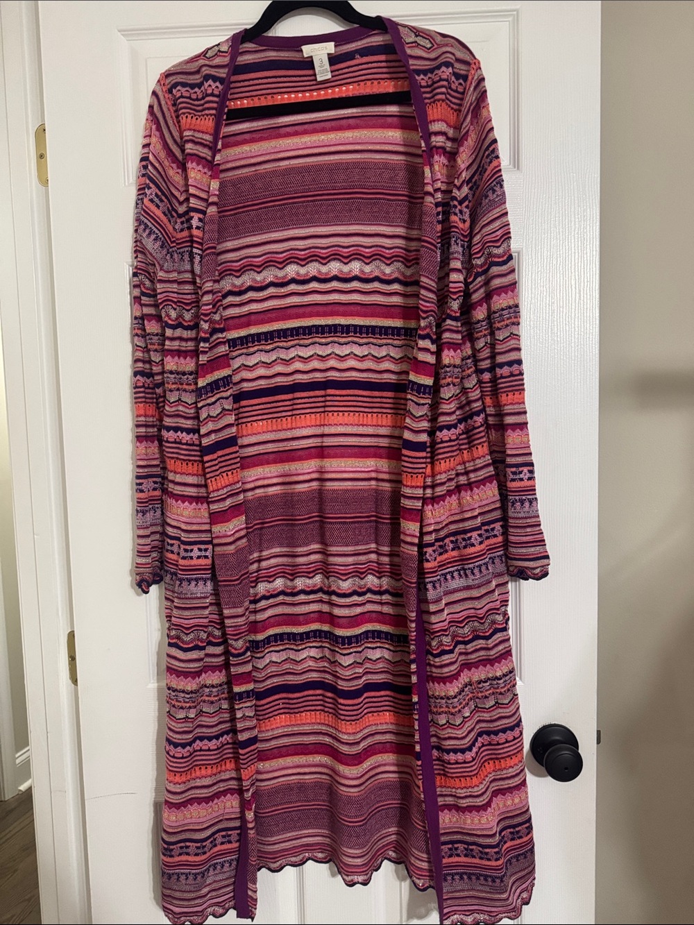 Chico's Pink and Purple Patterned Open-Front Long Cardigan